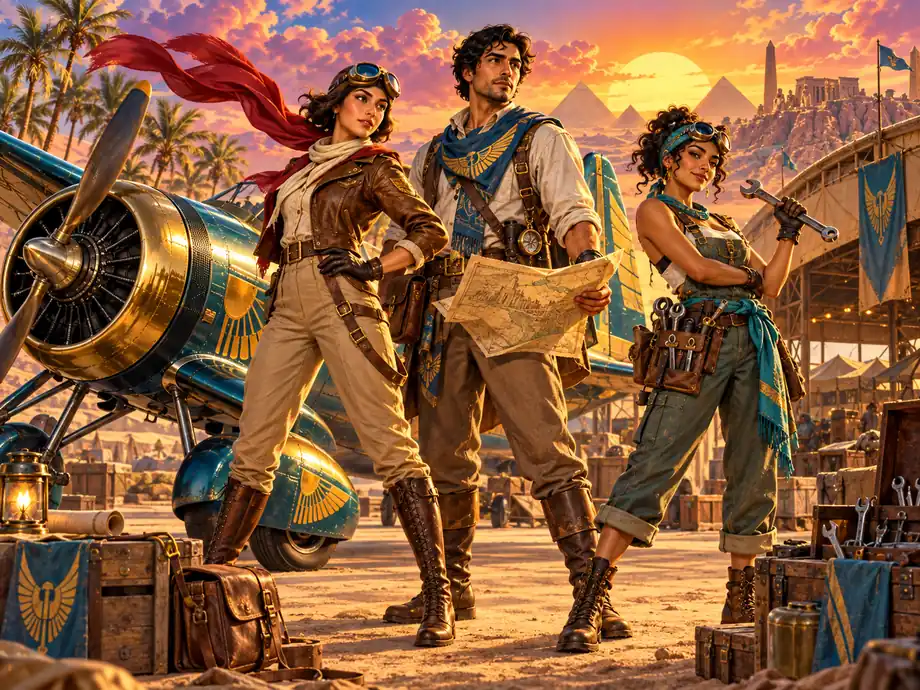 Three original heroes standing at an adventure airfield in front of an aircraft