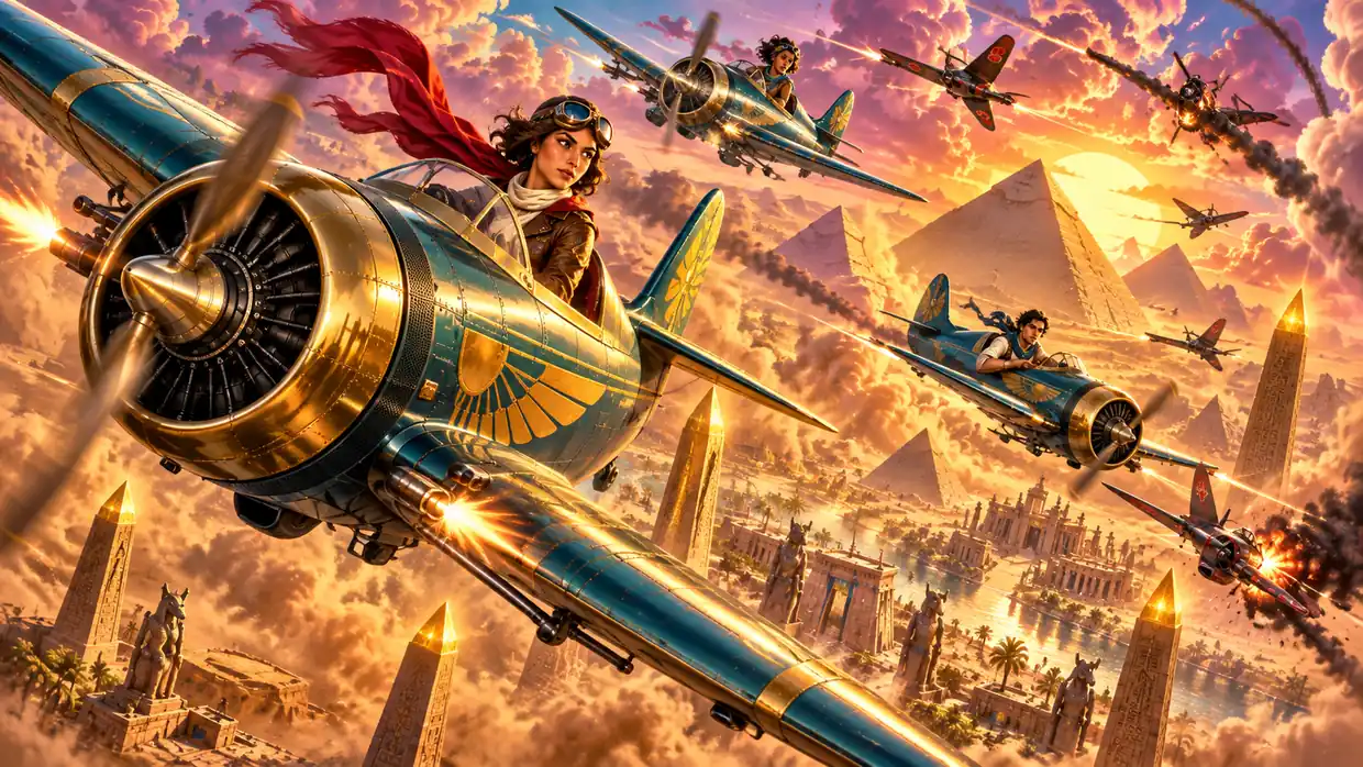 A vibrant aerial battle above pyramids and obelisks at sunset