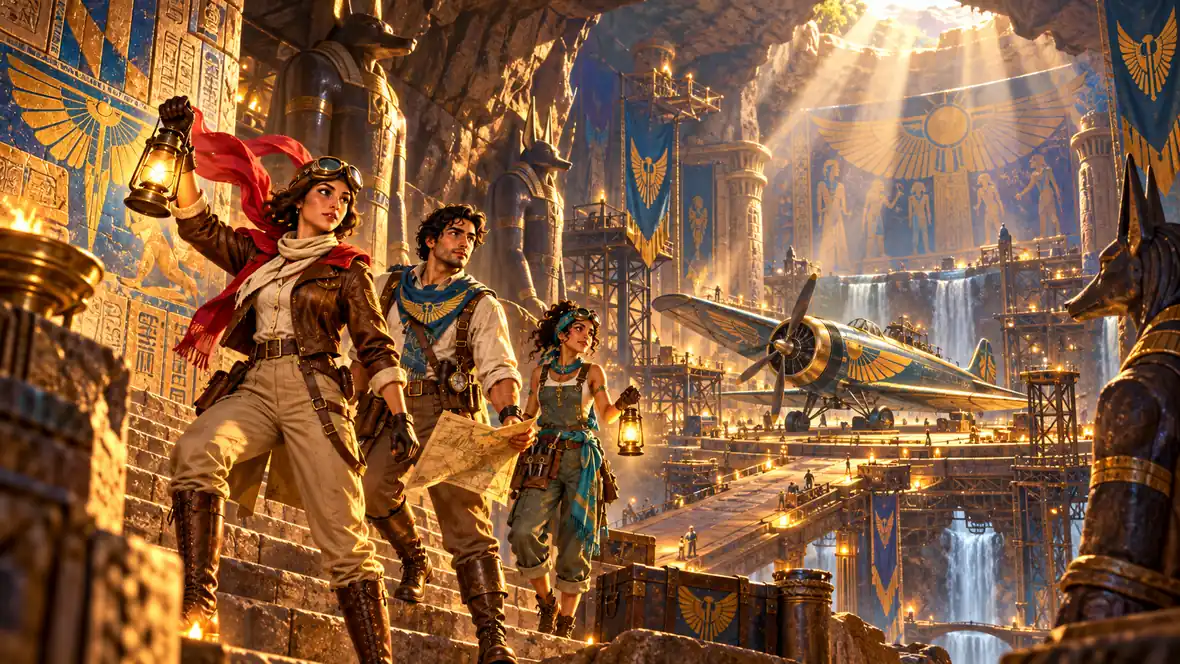 Three explorers discovering a hidden aircraft hangar beneath an ancient temple