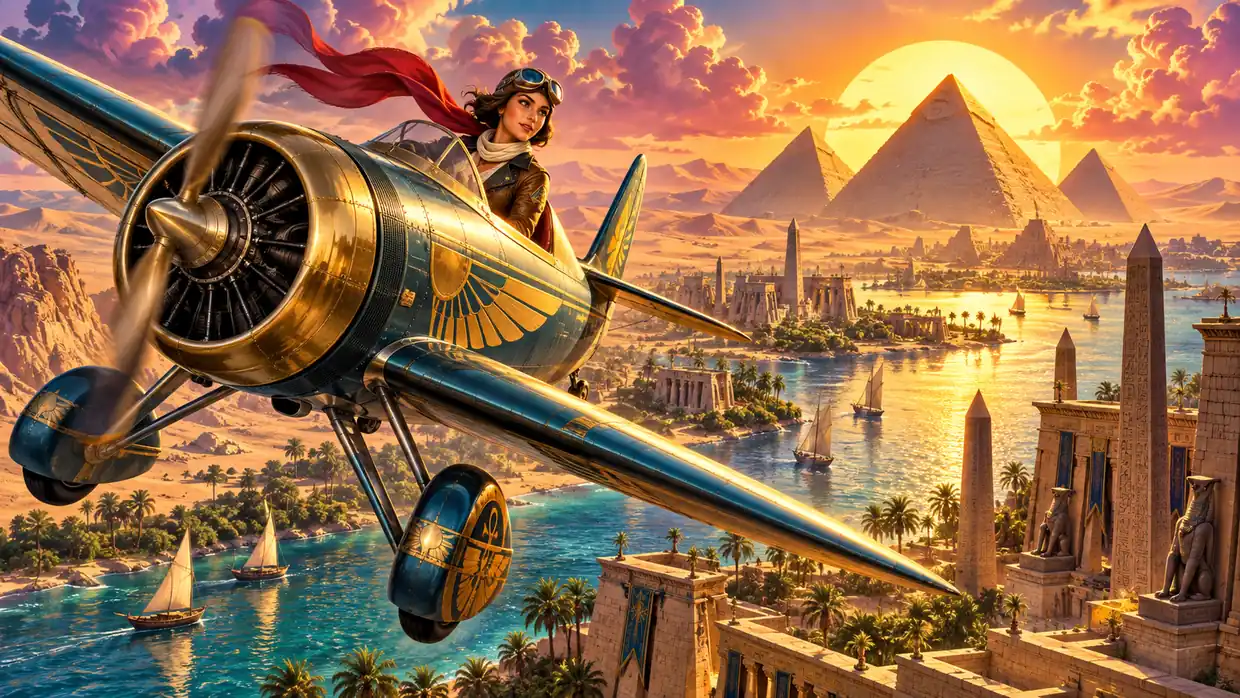 A colorful retro adventure plane flying above Ancient Egypt at sunset