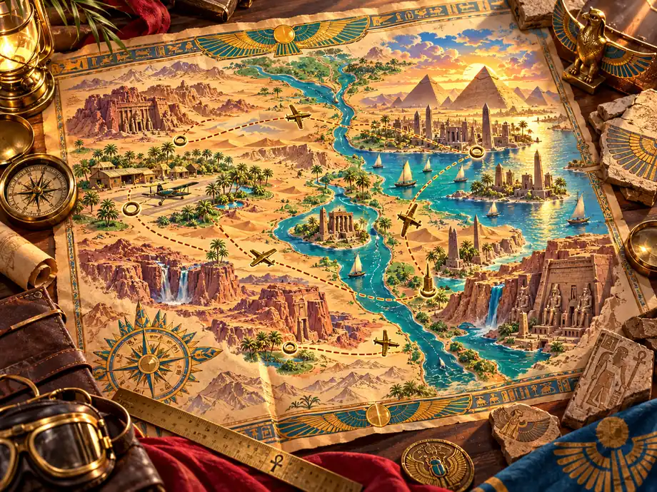 A colorful expedition map with Egypt-inspired regions, airfields, and flight routes