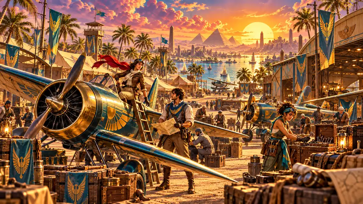 A busy oasis aerodrome with colorful planes, hangars, and expedition characters