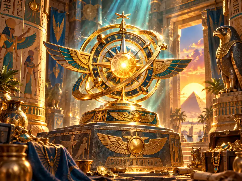 A glowing solar relic inside a richly decorated Egyptian-inspired chamber